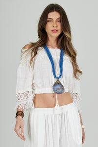 Yacamim Women's White Cotton Gypsy Cropped Blouse - Bahêa Collection Q8