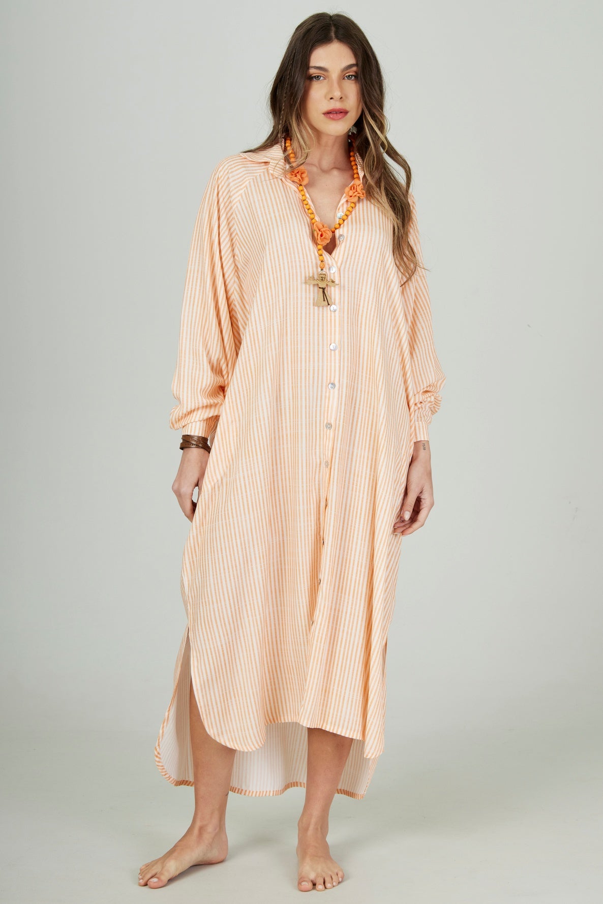 Yacamim L4 Striped Orange Long Loose Shirt