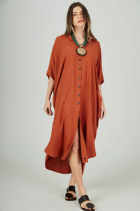 Yacamim Terracotta Viscose-Linen Midi Shirt L5