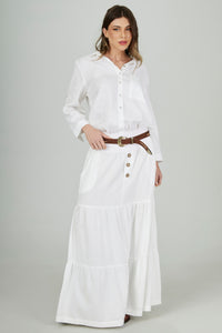 Yacamim I2 White Linen Tiered Long Skirt with Braided Belt