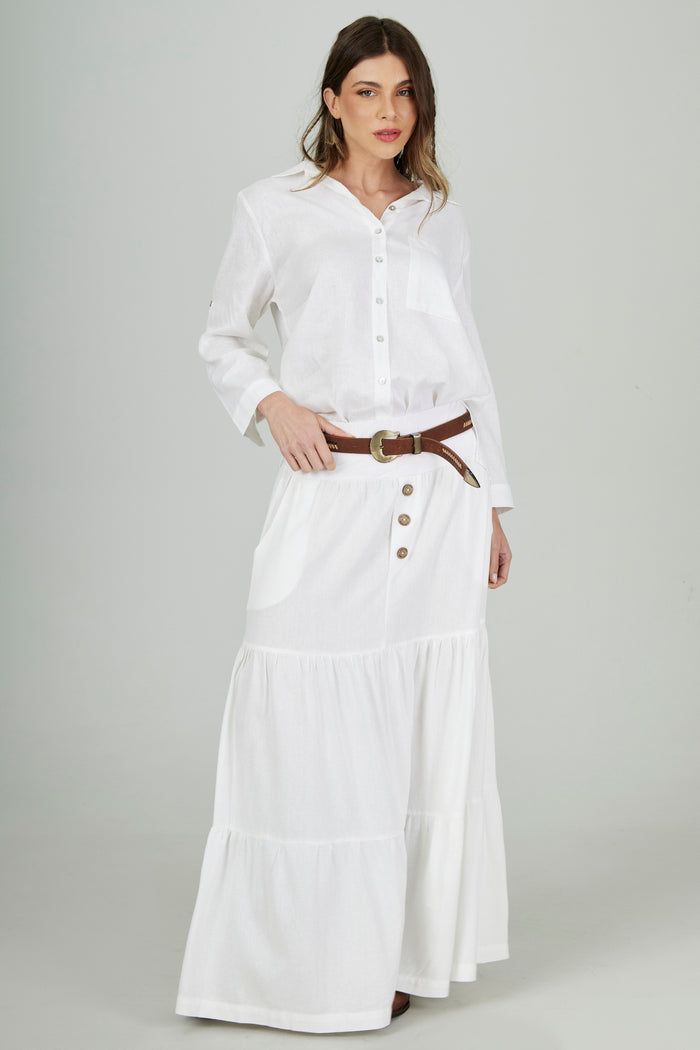 Yacamim I2 White Linen Tiered Long Skirt with Braided Belt