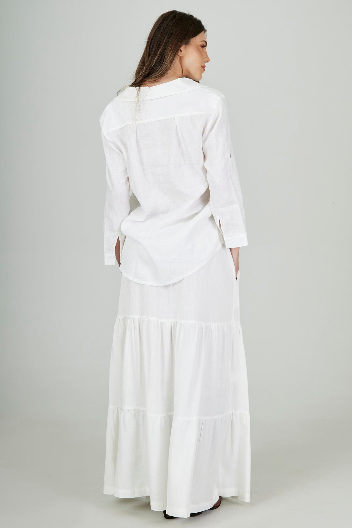 Yacamim I2 White Linen Tiered Long Skirt with Braided Belt