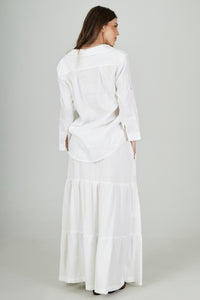 Yacamim I2 White Linen Tiered Long Skirt with Braided Belt
