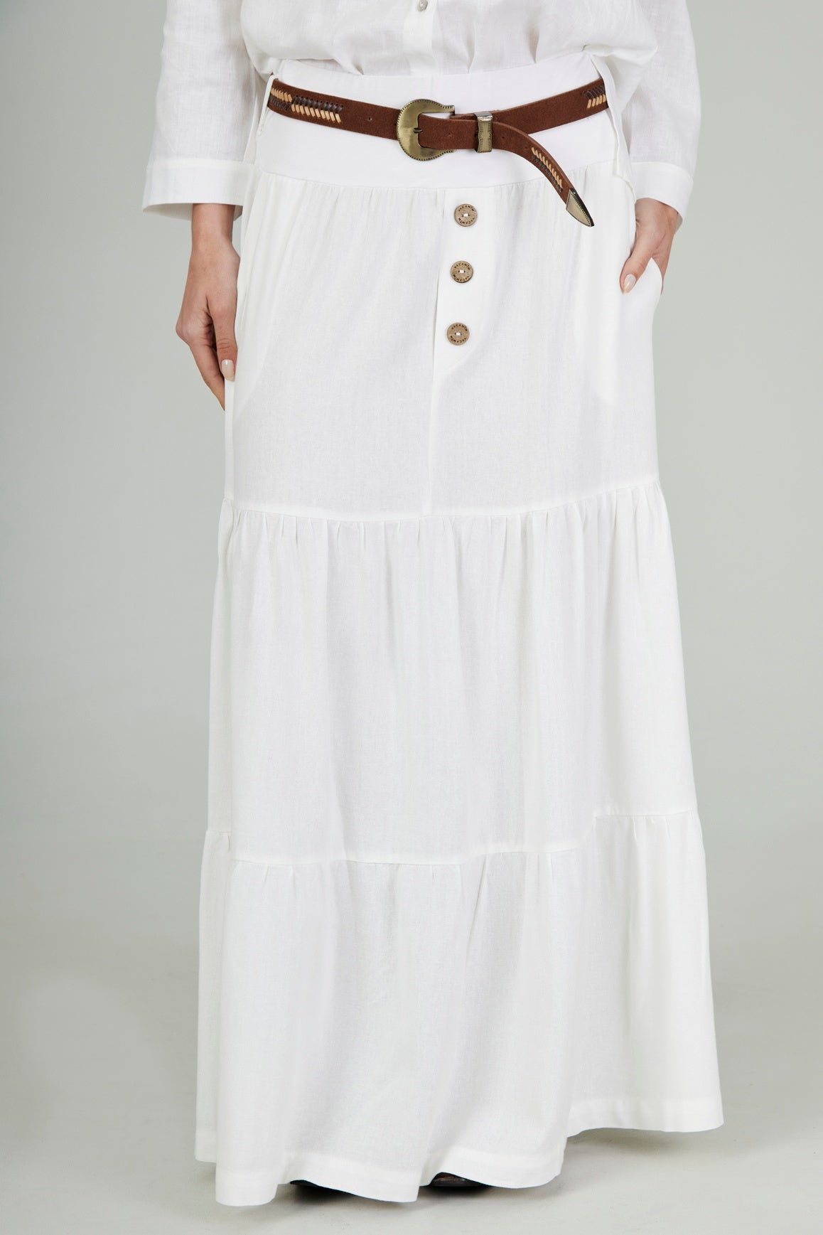 Yacamim I2 White Linen Tiered Long Skirt with Braided Belt