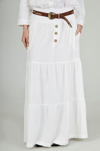 Yacamim I2 White Linen Tiered Long Skirt with Braided Belt