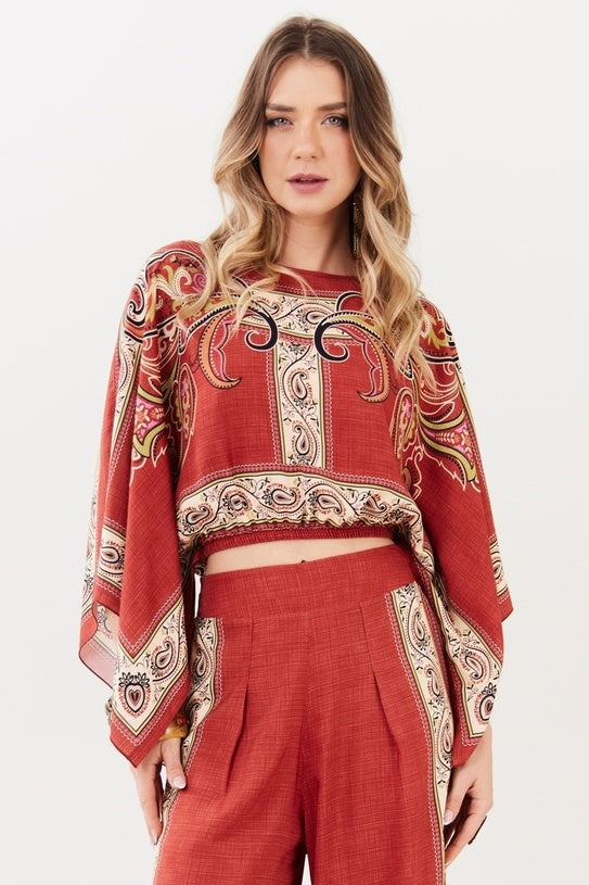 Yacamim A21 Terracotta Paisley Print Cropped Kimono