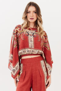 Yacamim A21 Terracotta Paisley Print Cropped Kimono