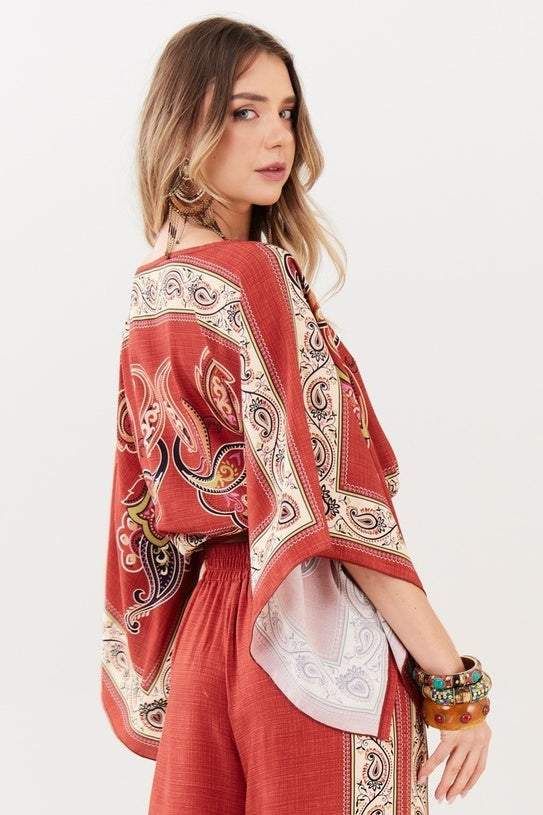 Yacamim A21 Terracotta Paisley Print Cropped Kimono
