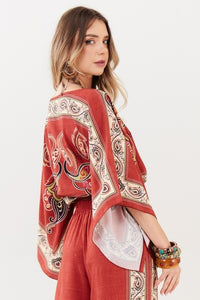 Yacamim A21 Terracotta Paisley Print Cropped Kimono