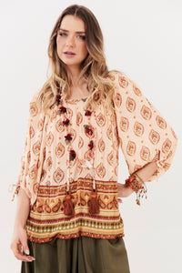 Yacamim B26 Printed Beige Lurex Gypsy Blouse