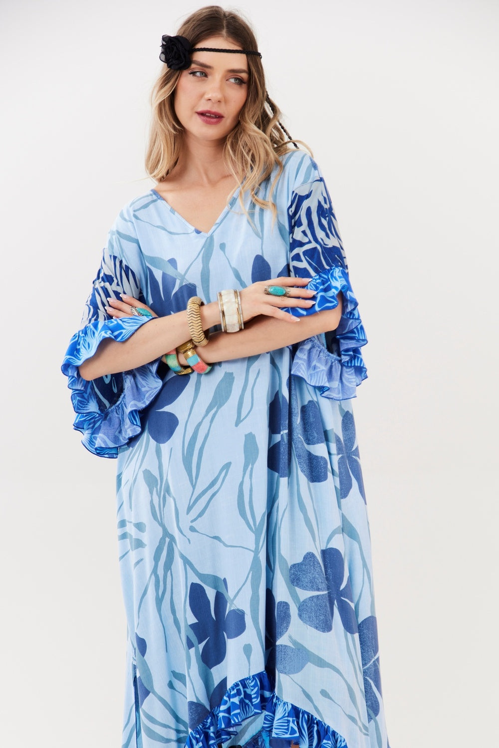 Light Blue V-Neck Midi Kaftan Patchwork Yacamim J10