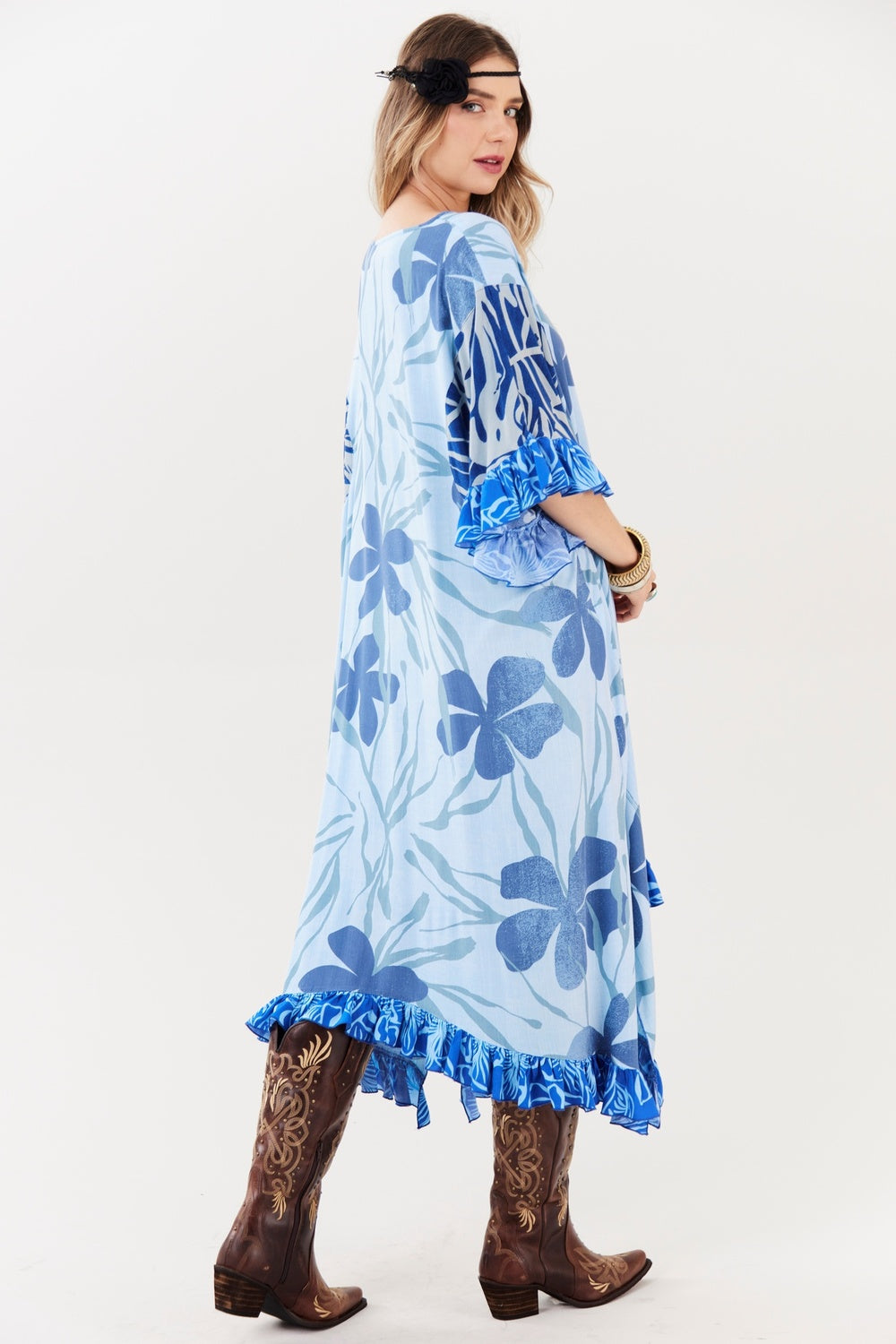 Light Blue V-Neck Midi Kaftan Patchwork Yacamim J10