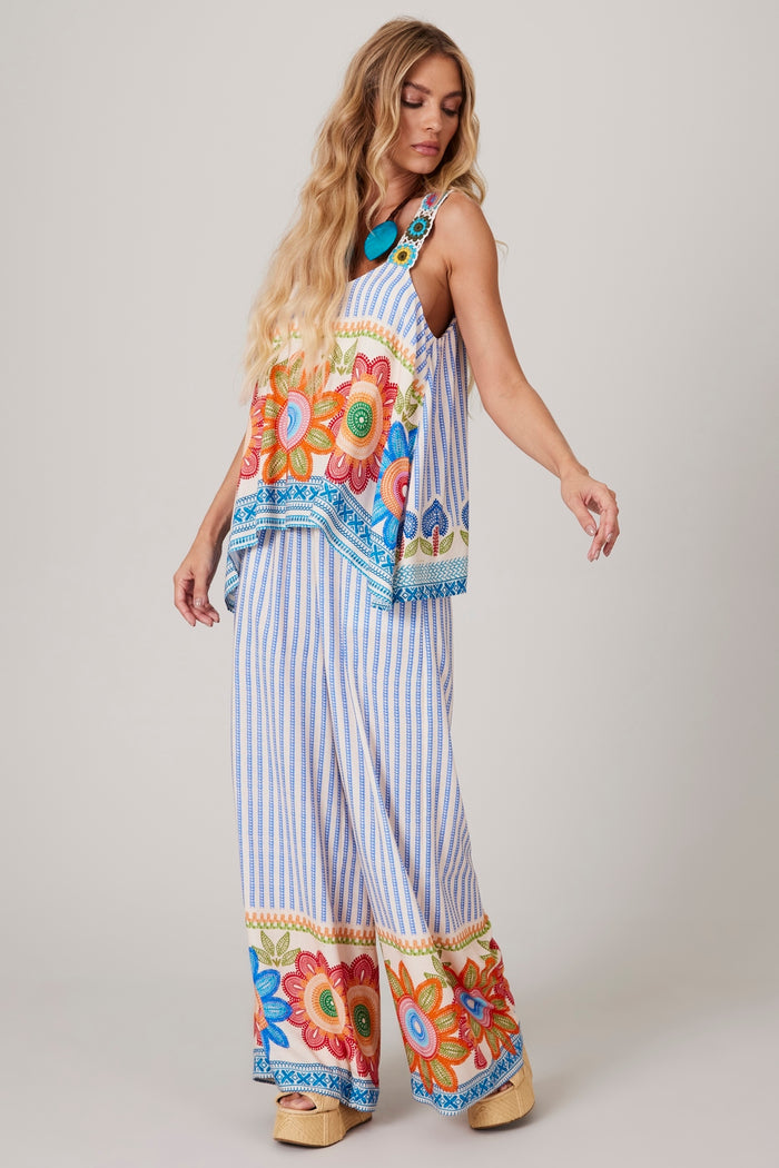 Yacamim K2 Blue Striped Wide-Leg Pants with Elastic Waist