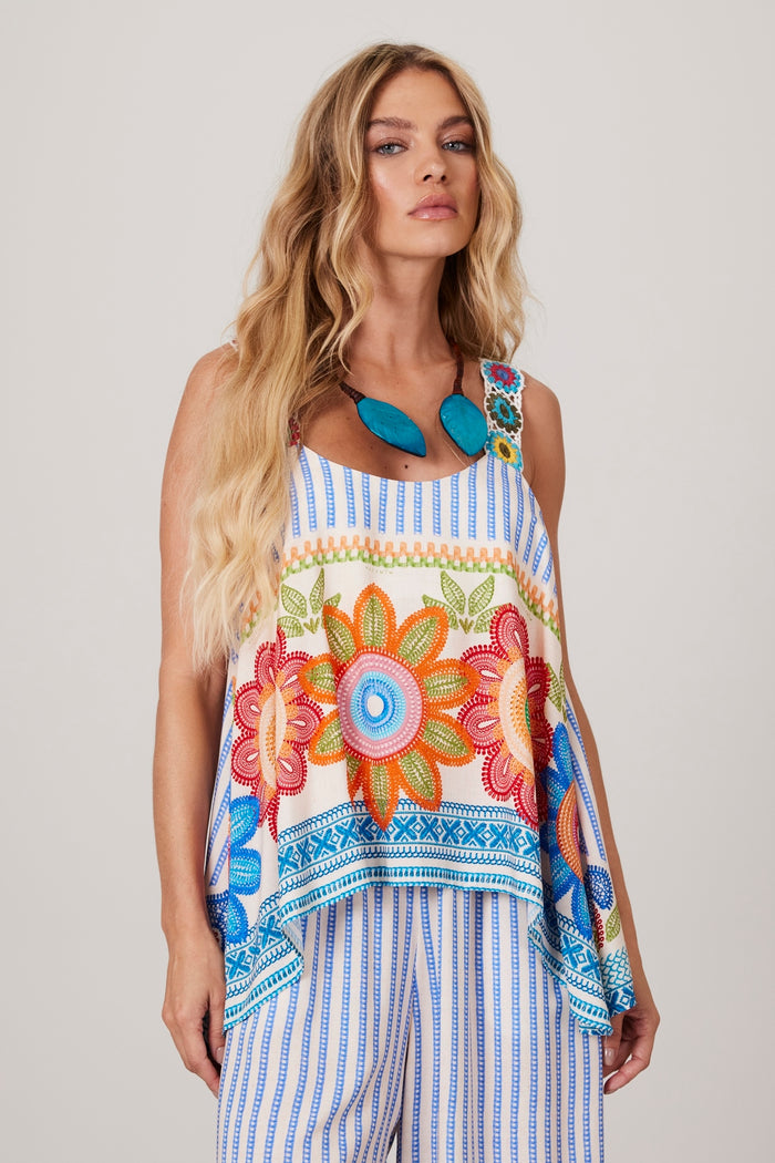 Yacamim Q10 Blue Striped Crocheted Strap Tank Top