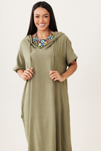 Yacamim Olive Green Viscose Linen Hooded Midi Dress E1