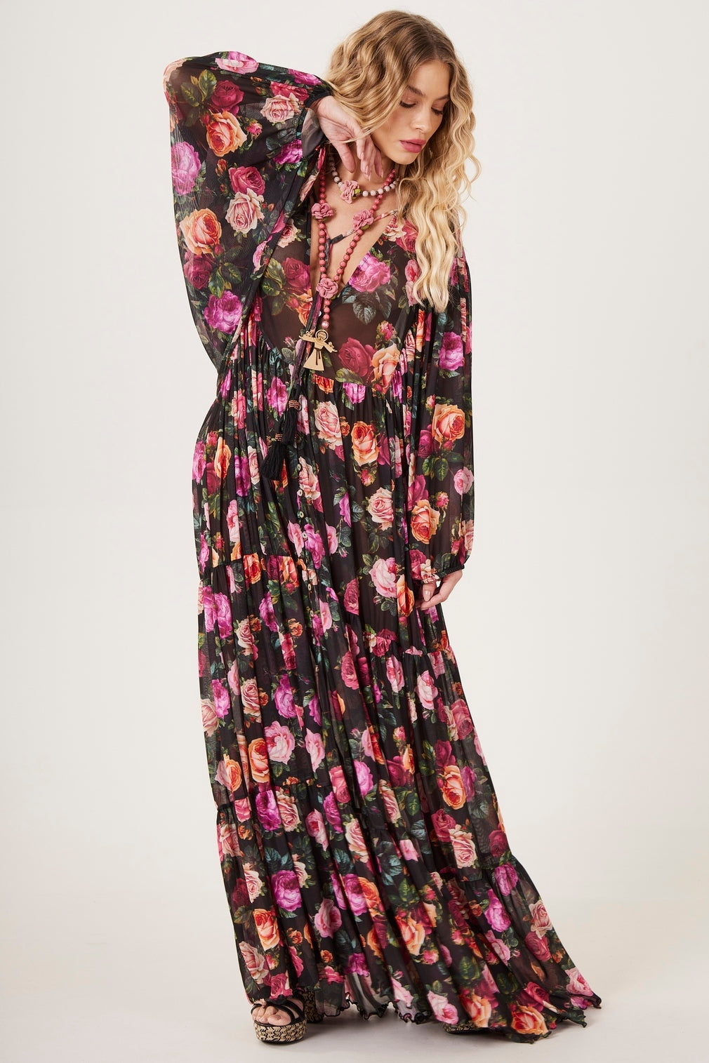 Yacamim D8 Paris Black Floral Print Long Tulle Dress