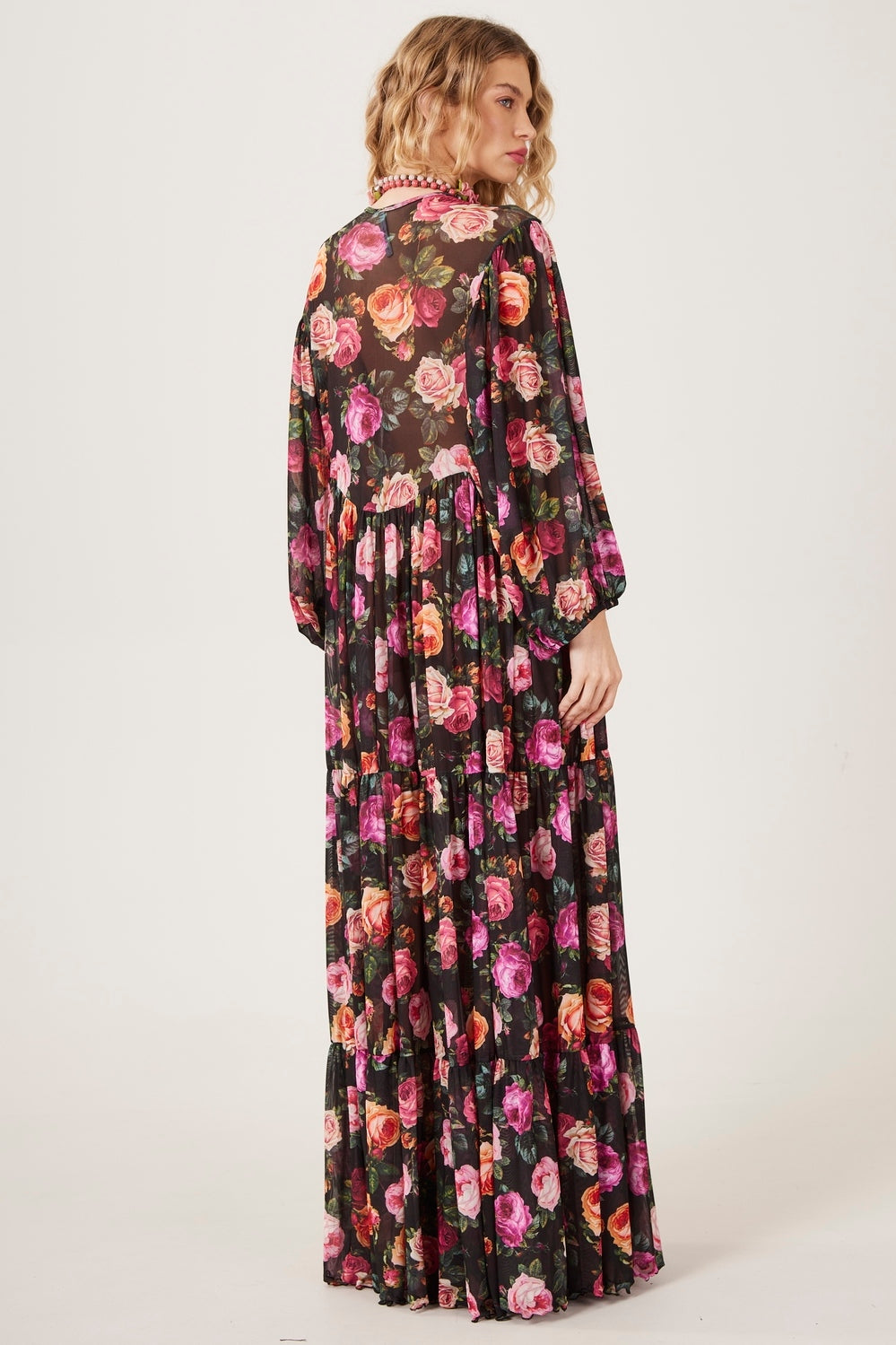 Yacamim D8 Paris Black Floral Print Long Tulle Dress