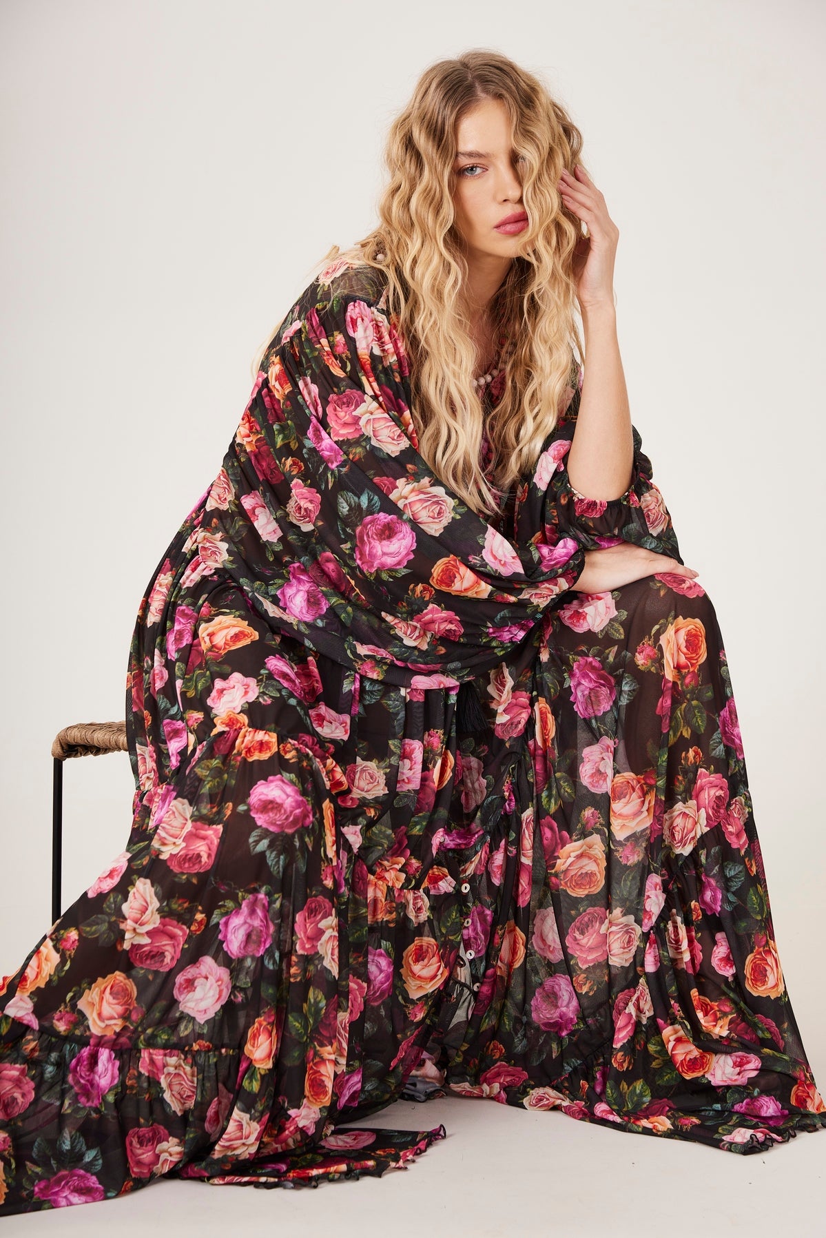 Yacamim D8 Paris Black Floral Print Long Tulle Dress