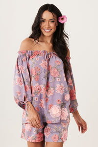 Paraty Gypsy Blouse 100% Cotton Lilac Floral Yacamim B10