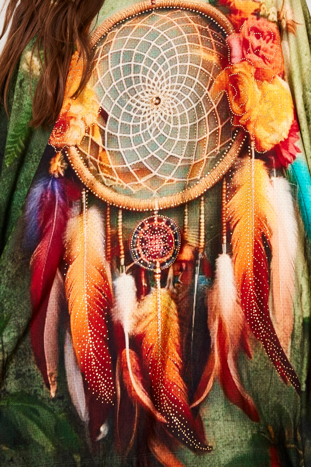 Yacamim Women's Green Dreamcatcher Print Wide Elongated Tunic with Small Stones B15