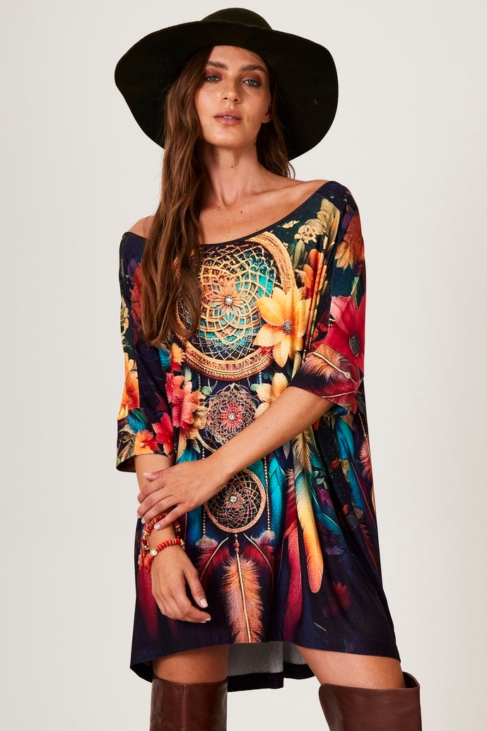 Yacamim B26 Black Ample Kaftan with Dream Catcher Print and Small Stones