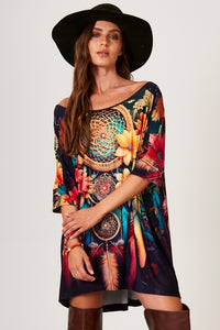 Yacamim B26 Black Ample Kaftan with Dream Catcher Print and Small Stones