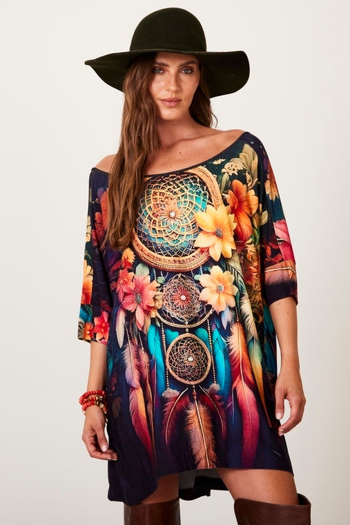 Yacamim B26 Black Ample Kaftan with Dream Catcher Print and Small Stones