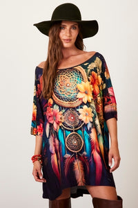 Yacamim B26 Black Ample Kaftan with Dream Catcher Print and Small Stones