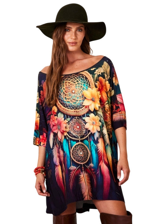 Yacamim B26 Black Ample Kaftan with Dream Catcher Print and Small Stones