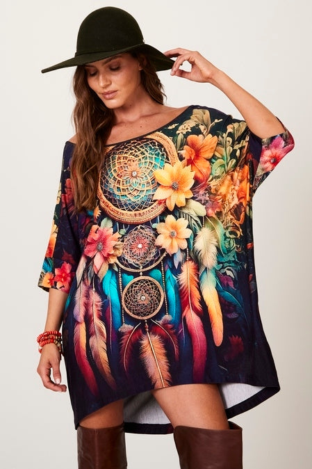 Yacamim B26 Black Ample Kaftan with Dream Catcher Print and Small Stones