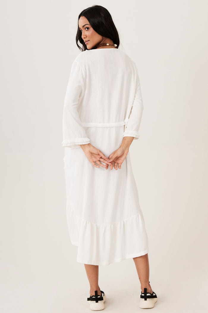 Yacamim White Viscose Linen Midi Dress C1