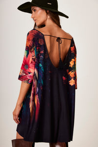Yacamim B26 Black Ample Kaftan with Dream Catcher Print and Small Stones