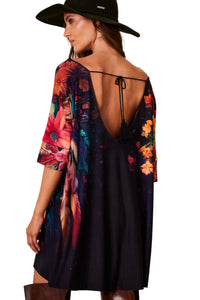 Yacamim B26 Black Ample Kaftan with Dream Catcher Print and Small Stones