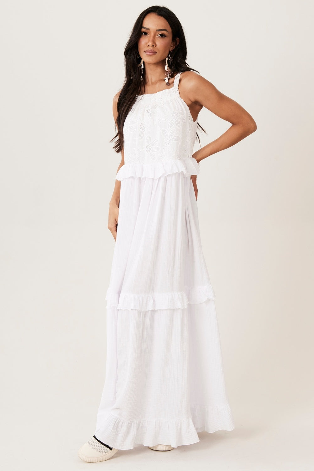 Yacamim Women's White Wide Long Dress With Straps, Lace, And Ruffles C21