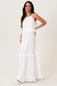 Yacamim Women's White Wide Long Dress With Straps, Lace, And Ruffles C21