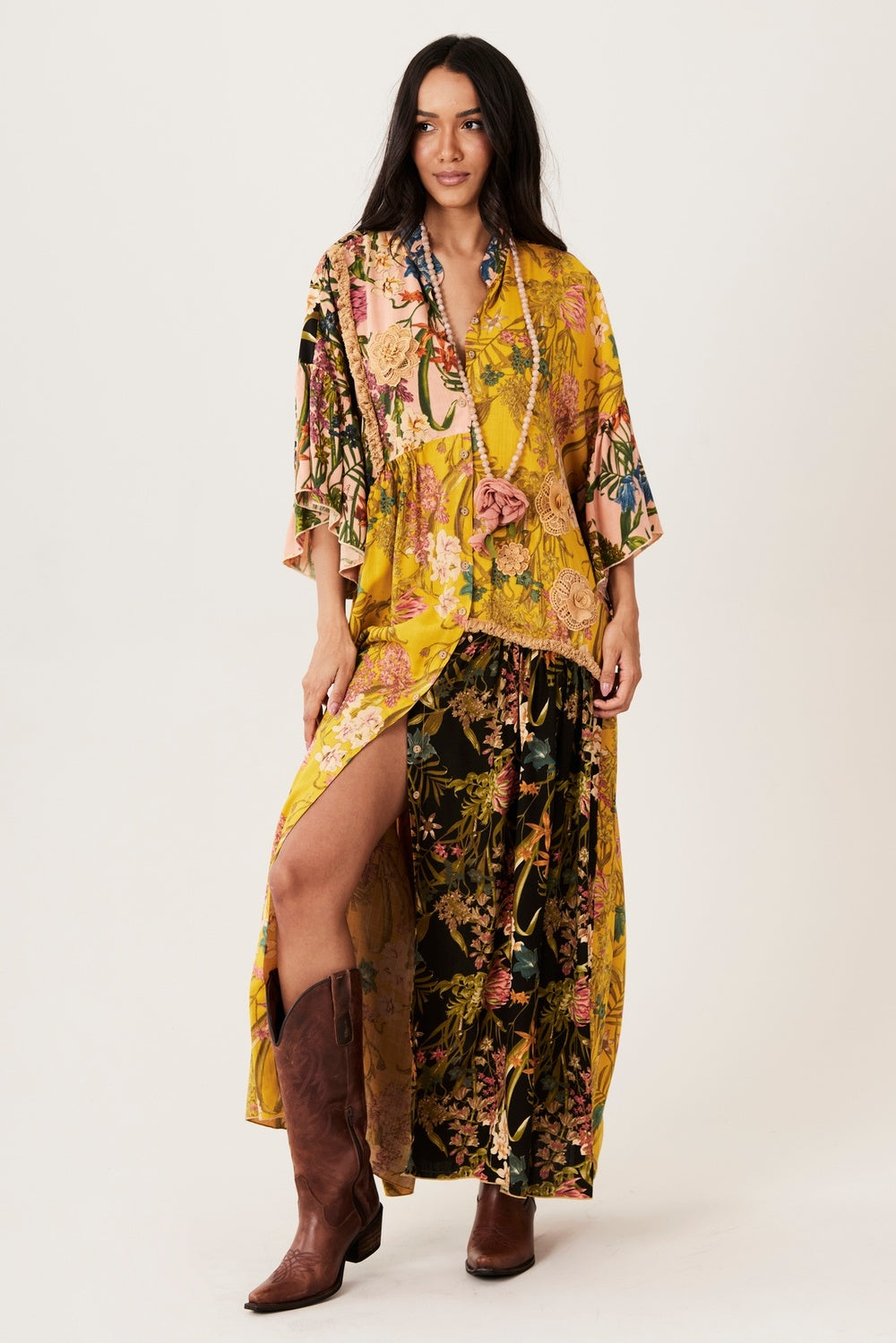 Yacamim C18 Yellow and Black Patchwork Long Dress