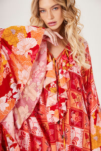 Long Orange Kaftan Geometric Patchwork Print Yacamim J8
