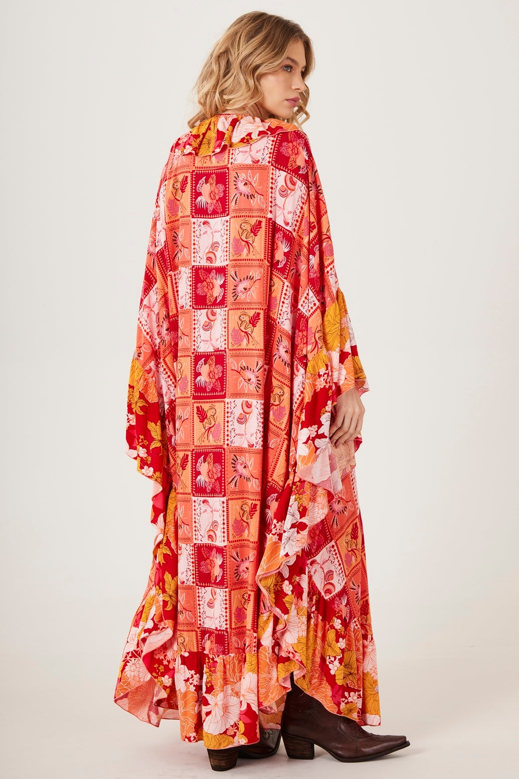 Long Orange Kaftan Geometric Patchwork Print Yacamim J8