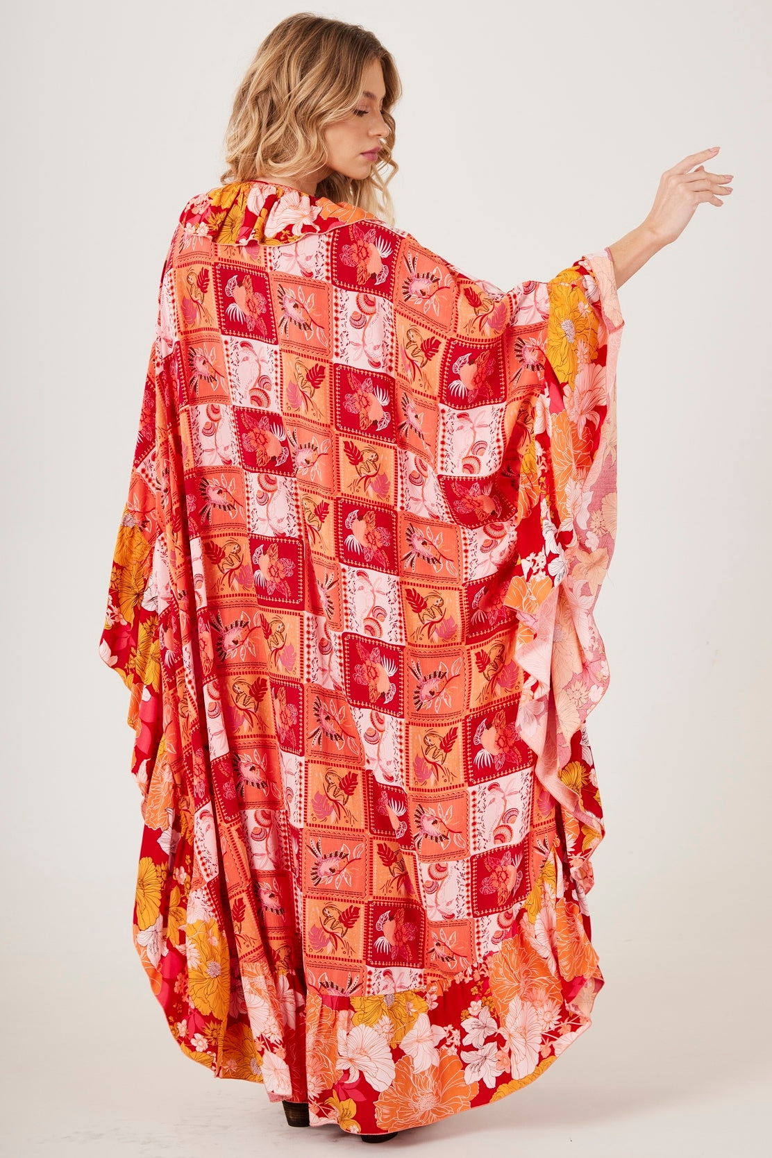 Long Orange Kaftan Geometric Patchwork Print Yacamim J8