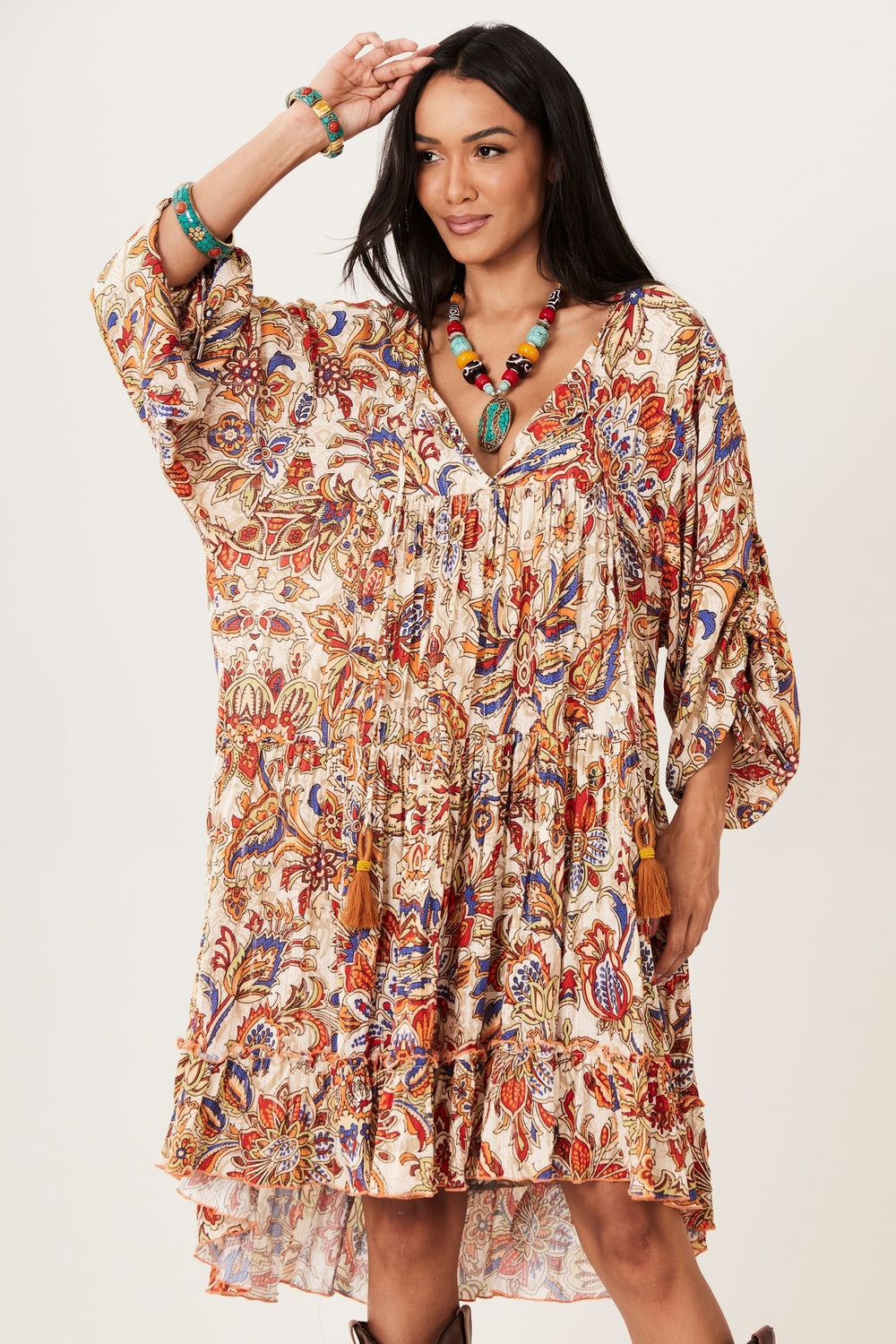 Yacamim D1 Loose Flowy Short Beige Printed Dress