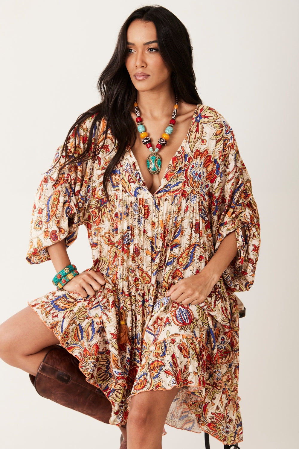 Yacamim D1 Loose Flowy Short Beige Printed Dress