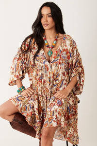 Yacamim D1 Loose Flowy Short Beige Printed Dress