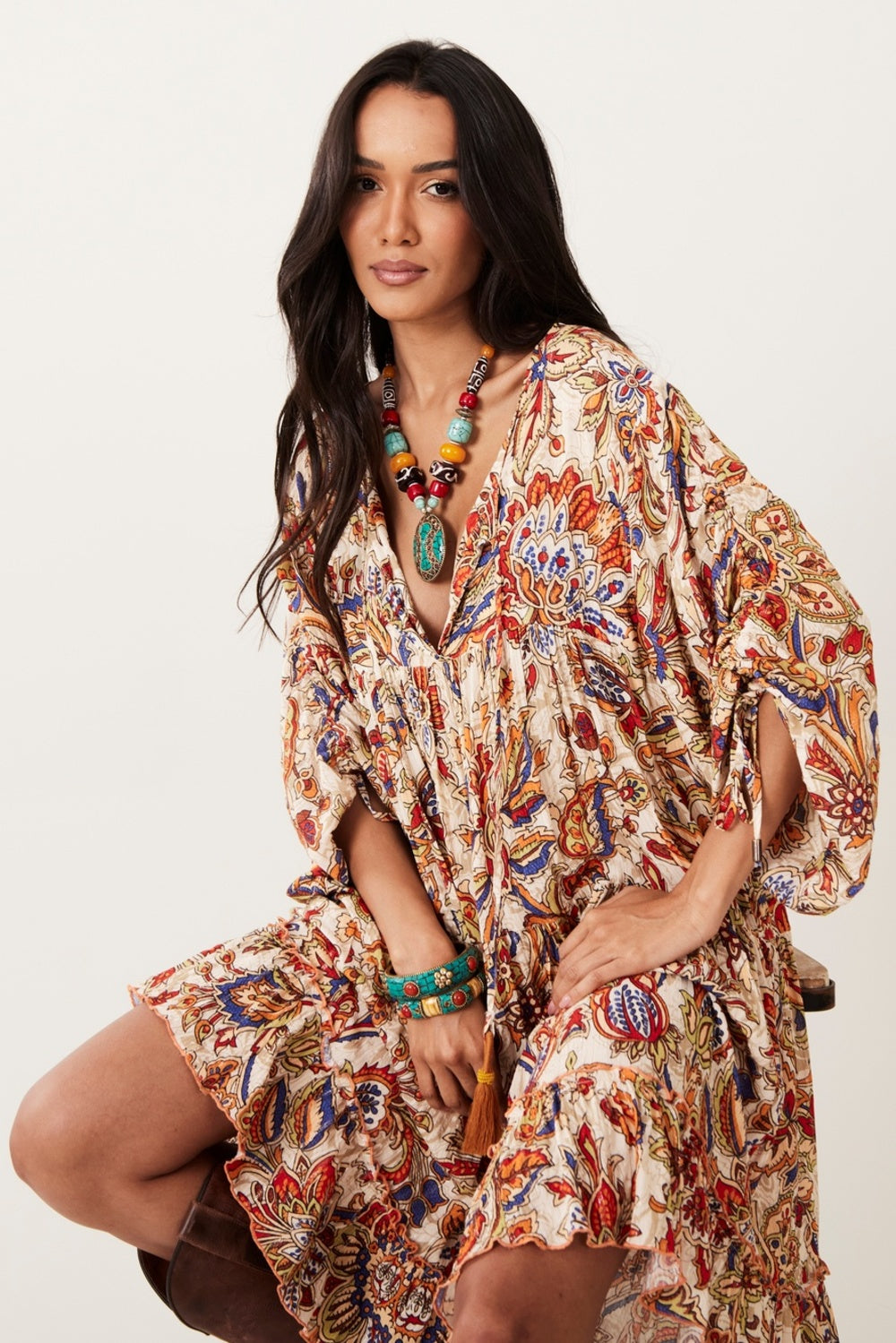Yacamim D1 Loose Flowy Short Beige Printed Dress