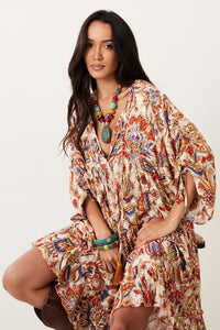Yacamim D1 Loose Flowy Short Beige Printed Dress