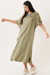 Yacamim Olive Green Viscose Linen Hooded Midi Dress E1