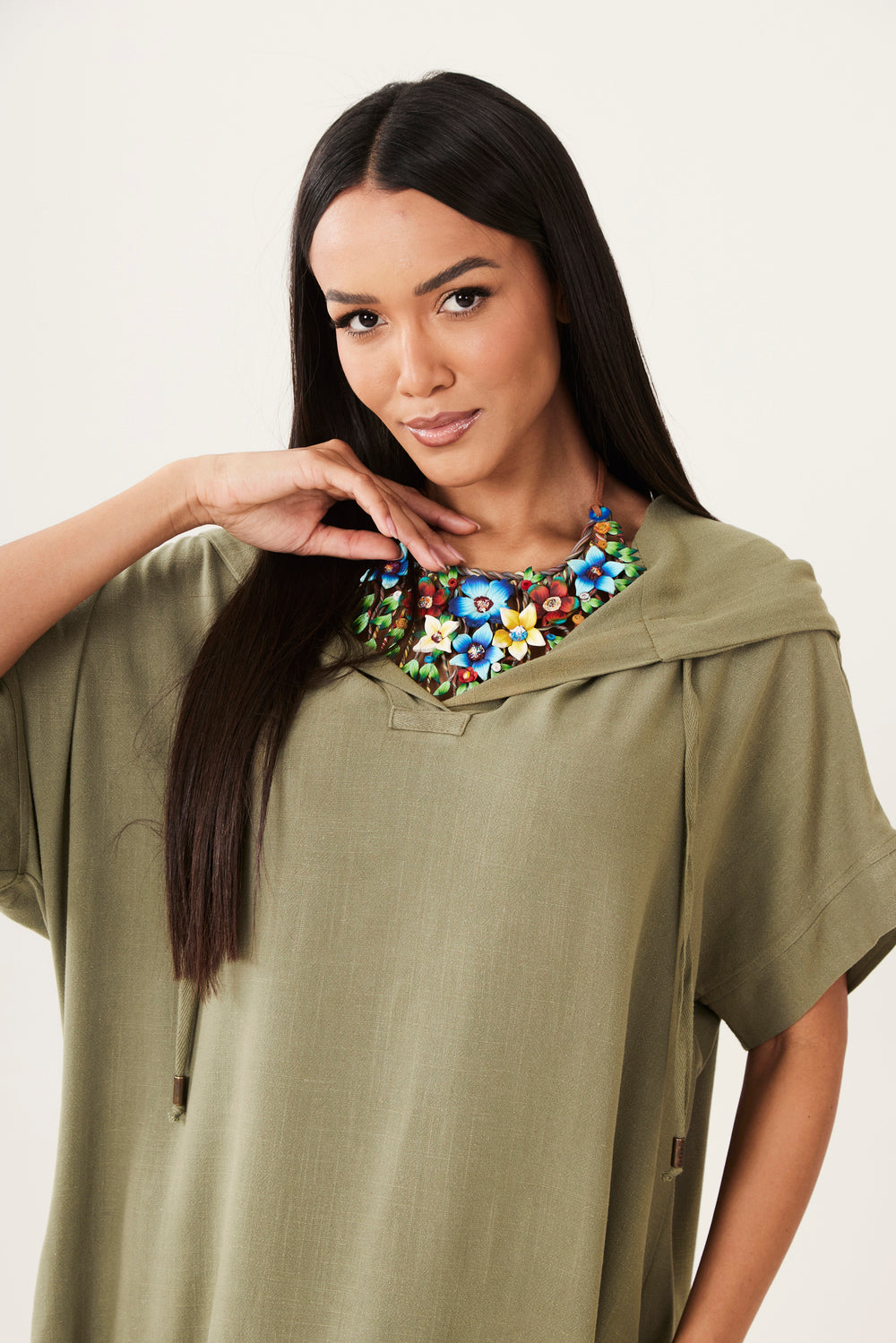 Yacamim Olive Green Viscose Linen Hooded Midi Dress E1