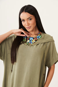 Yacamim Olive Green Viscose Linen Hooded Midi Dress E1