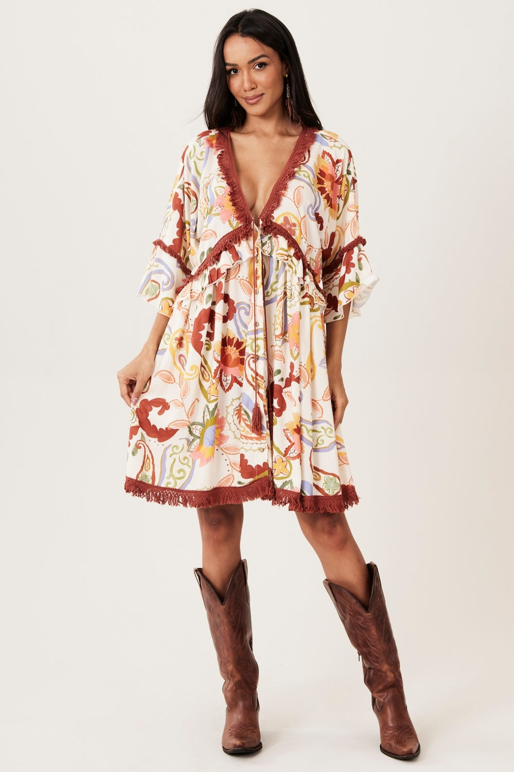 Yacamim E5 Paisley Beige Fringe Open Short Dress