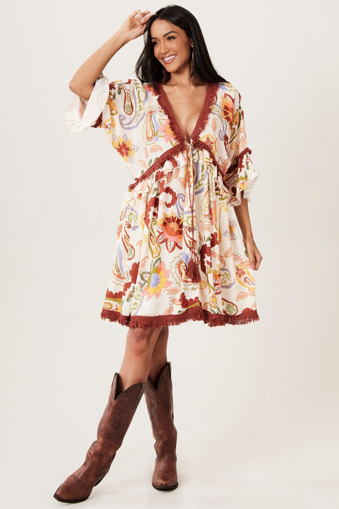 Yacamim E5 Paisley Beige Fringe Open Short Dress