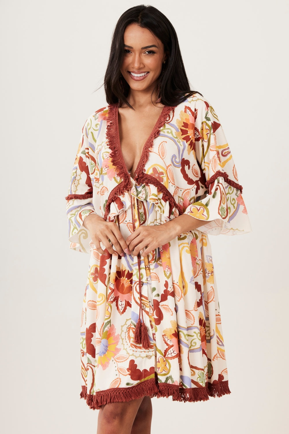 Yacamim E5 Paisley Beige Fringe Open Short Dress